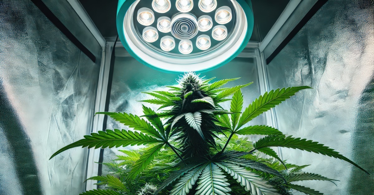 A healthy cannabis plant grown in a growing tent. It illuminated with proper lighting mounted at the top of the tent.